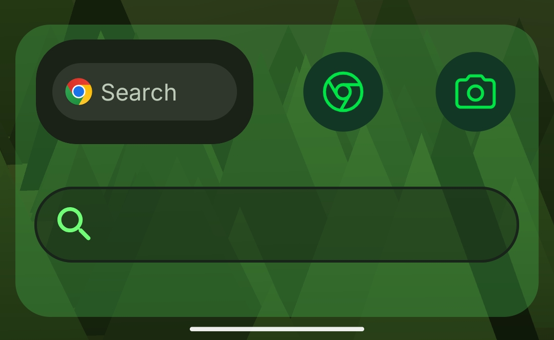 The dock with a custom green background, a widget, and a custom search bar.