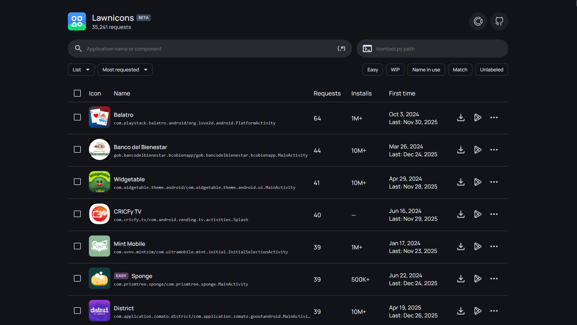 Screenshot of the Lawnicons request dashboard